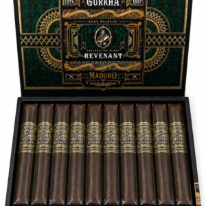 Gurkha Revenant Maduro Toro 6 x 54 box-pressed, intensidade média, com especiarias doces, pimenta, creme, café escuro, chocolate e cacau.