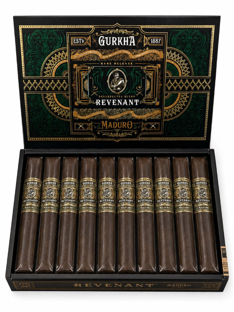 Gurkha Revenant Maduro Toro Gurkha Revenant Maduro Toro 6 x 54 box-pressed, intensidade média, com especiarias doces, pimenta, creme, café escuro, chocolate e cacau.