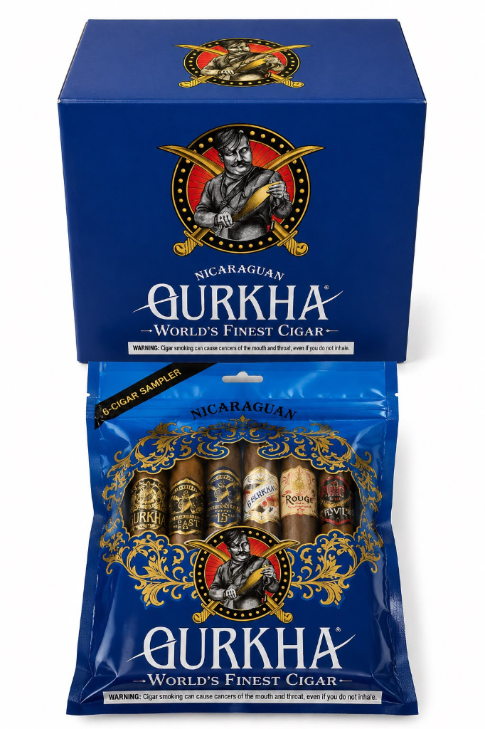 Gurkha Sampler Blue Gurkha Sampler Blue: conjunto Gurkha Nicaraguan 6-Cigar Sampler em embalagem azul.