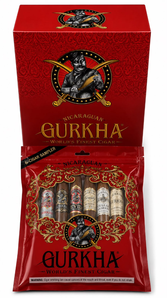 Gurkha Sampler Red Edition Gurkha Sampler Red Edition: Nicaraguan 6-Cigar Sampler Gurkha em embalagem vermelha.