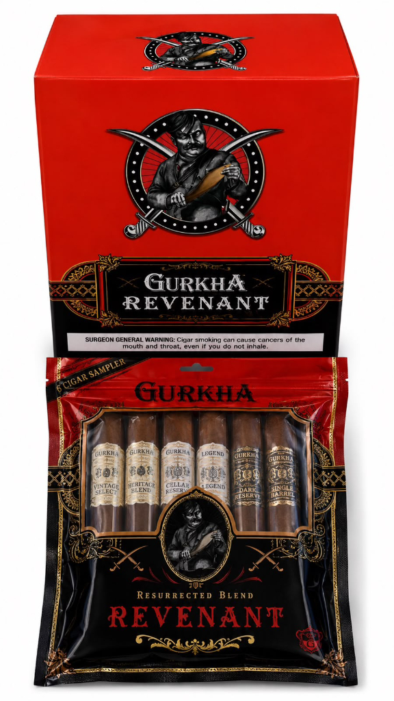 Gurkha Sampler Revenant Edition Gurkha Sampler Revenant Edition: 6-Cigar Sampler Gurkha em embalagem vermelha e preta.